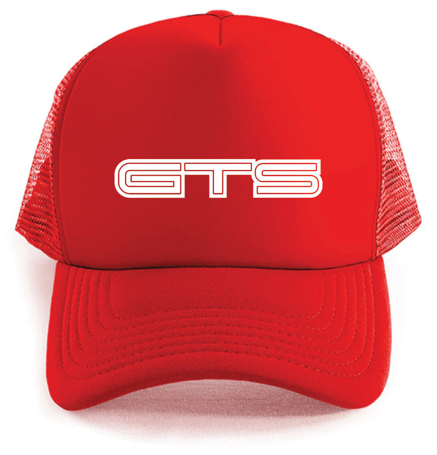 The Gts Hat by Corsa Clothing is a bright red trucker cap with a mesh back and bold white GTS letters on the front.