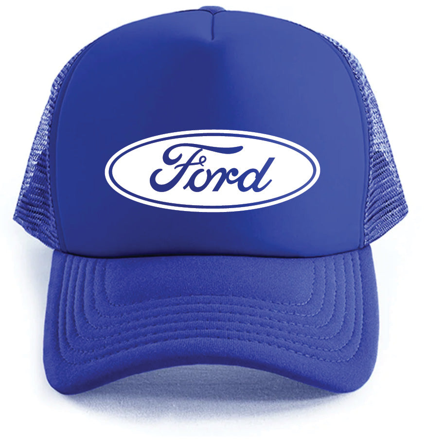 The Ford Logo Hat by Corsa Clothing is a blue trucker hat with a mesh back and "Ford" in white script inside an oval on the front.