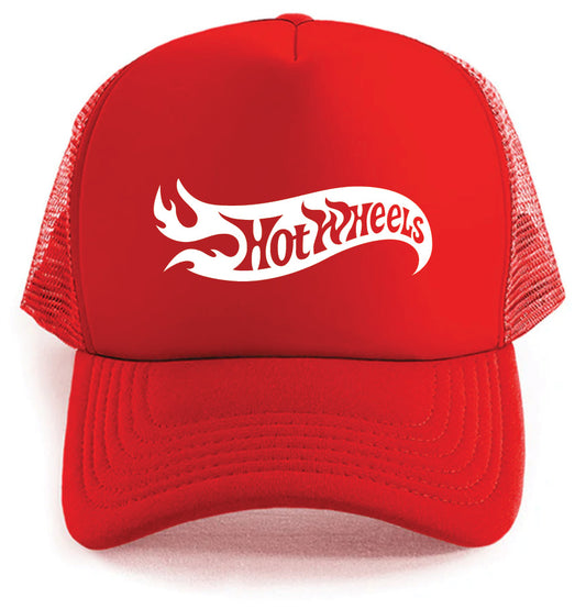 The Corsa Clothing HotWheel Hat is a bright red mesh trucker cap with a white Hot Wheels flame logo on the front.