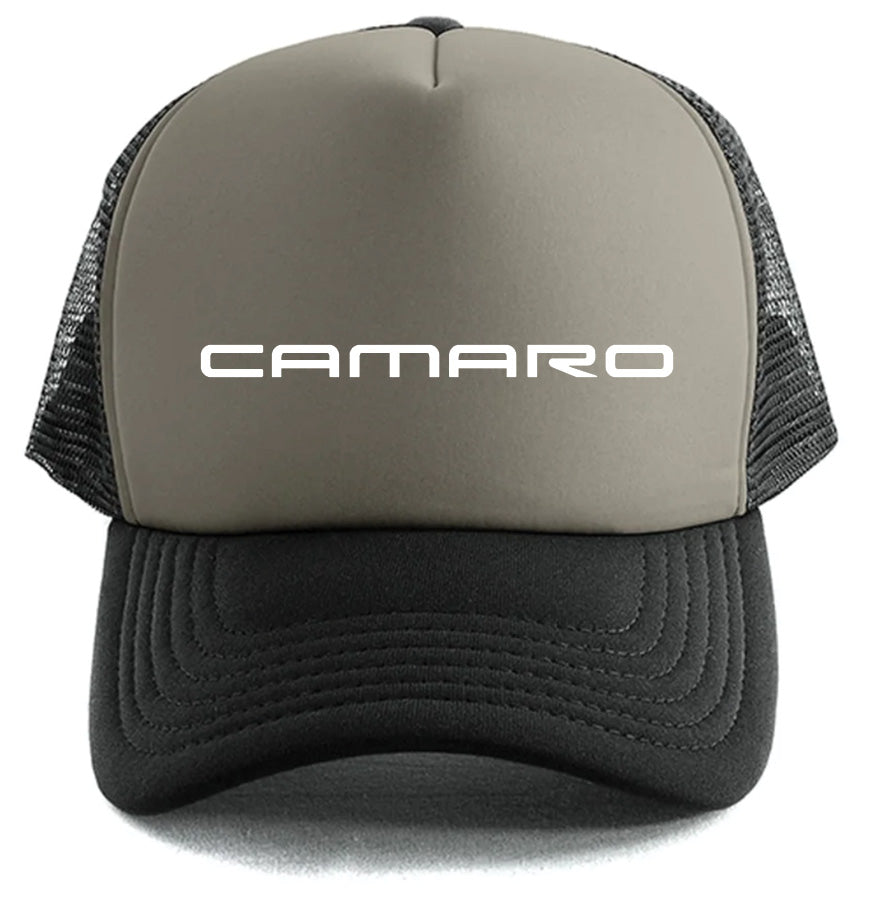 The Camaro Simple Logo Hat by Corsa Clothing is a trucker-style cap featuring a gray front, black mesh sides and bill, and "CAMARO" in bold white letters on the front.