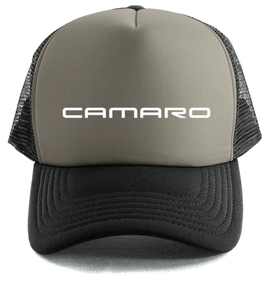 The Camaro Simple Logo Hat by Corsa Clothing is a trucker-style cap featuring a gray front, black mesh sides and bill, and "CAMARO" in bold white letters on the front.
