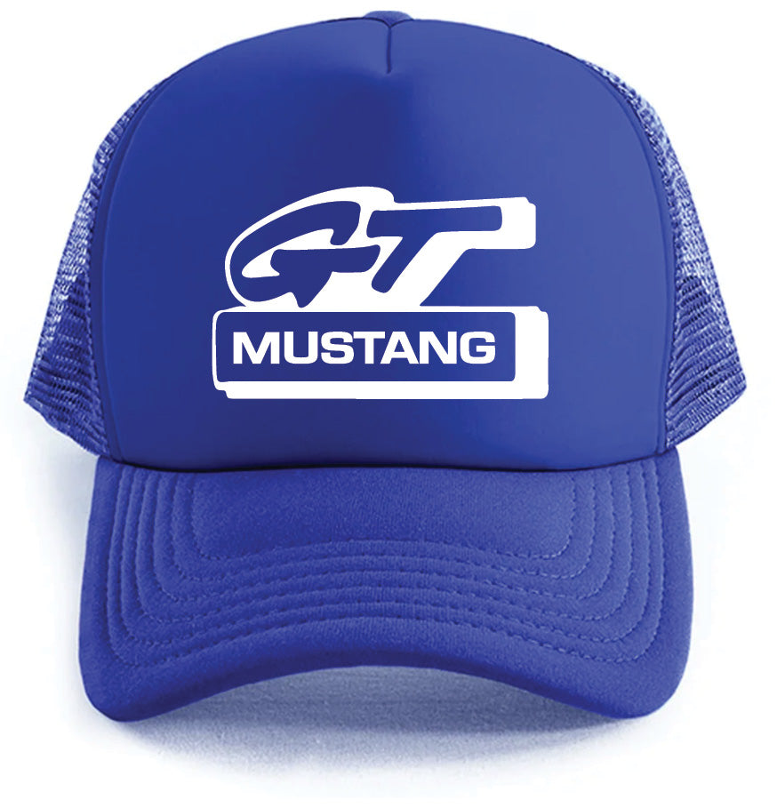 The Corsa Clothing GT Mustang Hat is a blue mesh trucker cap featuring a white GT MUSTANG logo on the front.