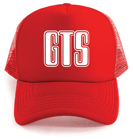 The Corsa Clothing GTS Large Logo Hat is a red mesh trucker hat featuring bold, white outlined "GTS" letters on the front.