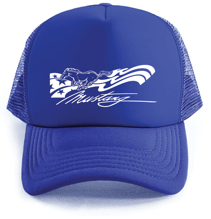 The Mustang Horse Logo hat by Corsa Clothing is a blue trucker hat featuring a white running horse graphic, stylized flag, and “Mustang” script on the front.