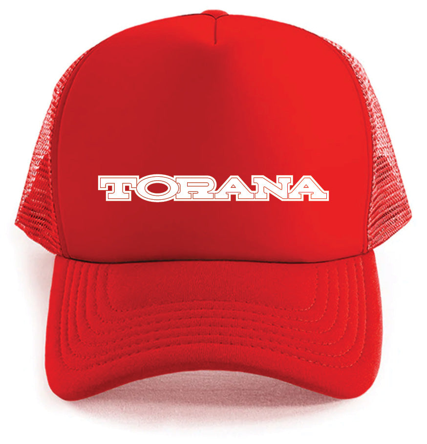The Torana Hat by Corsa Clothing is a bright red trucker cap featuring "TORANA" in bold, white, uppercase letters across the front panel.