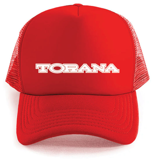 The Torana Hat by Corsa Clothing is a bright red trucker cap featuring "TORANA" in bold, white, uppercase letters across the front panel.