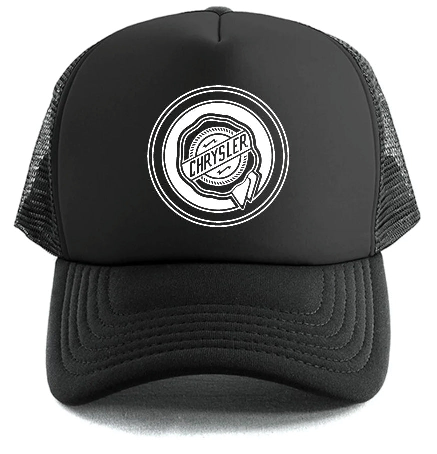 The CHRYSLER Hat by Corsa Clothing is a black mesh trucker hat with a circular white Chrysler logo and stylized lines on the front panel.