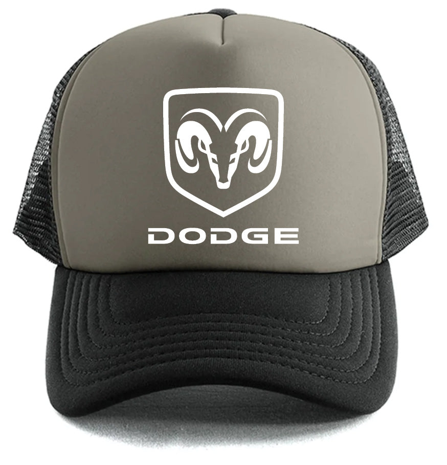 The Dodge Hat by Corsa Clothing is a trucker cap with a gray front, white Dodge Ram logo and "DODGE" text, plus a black bill and black mesh back and sides.