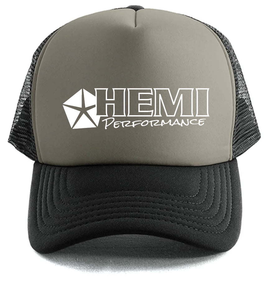 The Corsa Clothing Hemi Logo Hat features a gray front panel, black mesh back, and a white star logo with "HEMI Performance" in bold and script fonts on the front.