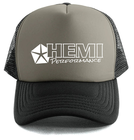 The Corsa Clothing Hemi Logo Hat features a gray front panel, black mesh back, and a white star logo with "HEMI Performance" in bold and script fonts on the front.