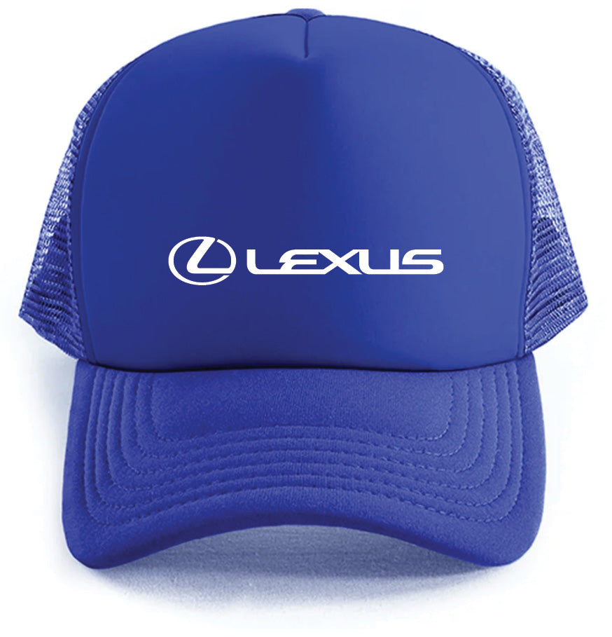 The Corsa Clothing Lexus Logo Hat is a blue trucker cap featuring white mesh panels and the white Lexus logo and text on the front.