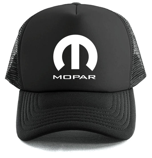 The Mopar Logo Hat by Corsa Clothing is a black mesh trucker cap with the white Mopar logo and text on the front panel.