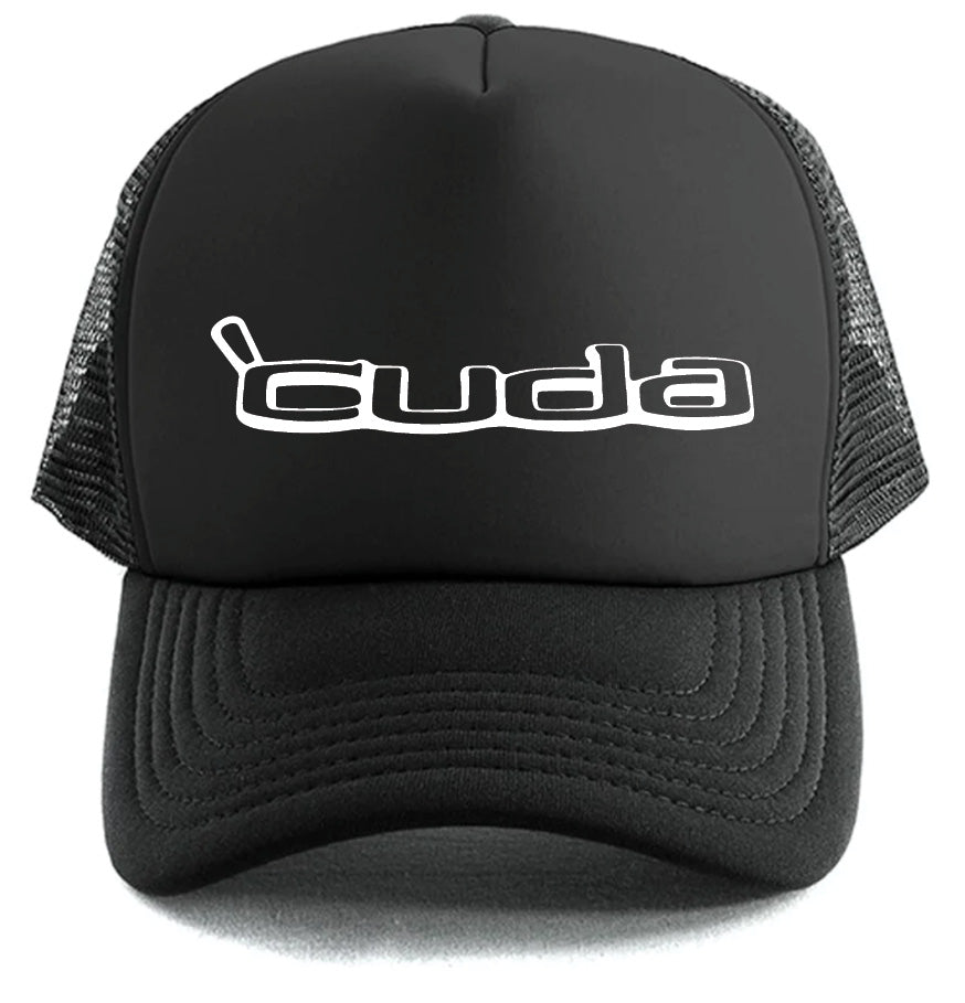 The Cuda Hat by Corsa Clothing is a black mesh trucker hat featuring "cuda" in white stylized text on the front.