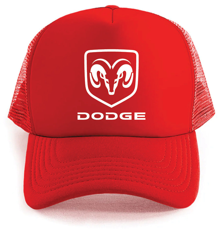 The Dodge Hat Red by Corsa Clothing is a vibrant red trucker hat featuring a white ram’s head logo and bold “DODGE” lettering on the front.