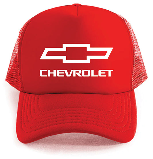 The Chevrolet Hat by Corsa Clothing is a bright red trucker cap with a curved brim, mesh back, and features the white Chevrolet logo and CHEVROLET text on the front panel.