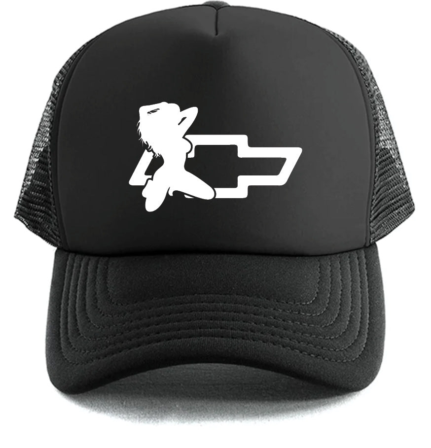 The Chevrolet Girl Hat by Corsa Clothing is a black trucker cap with a white reclining woman silhouette over a Chevrolet bowtie logo on the front panel.