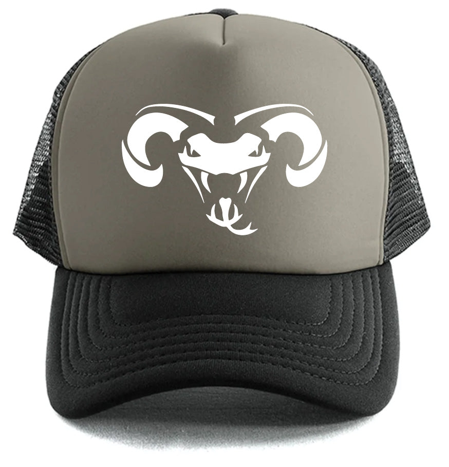 The Dodge Viper Logo Hat by Corsa Clothing is a two-tone trucker hat with a gray front, black mesh back and brim, plus a white stylized ram’s head logo on the front panel.