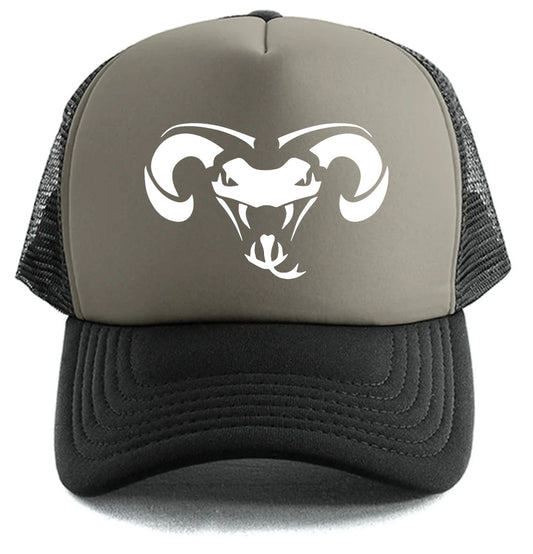 The Dodge Viper Logo Hat by Corsa Clothing is a two-tone trucker hat with a gray front, black mesh back and brim, plus a white stylized ram’s head logo on the front panel.