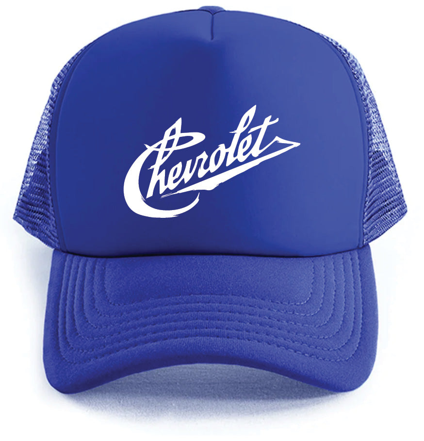 The Chevrolet Hat by Corsa Clothing is a blue trucker cap with a white mesh back and bold, stylized “Chevrolet” lettering on the front panel.