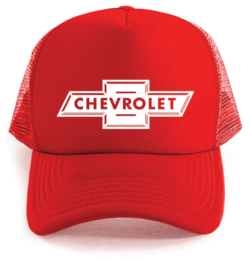 The Chevrolet Simple Logo Hat by Corsa Clothing features a red mesh trucker style with a bold white Chevrolet logo and "CHEVROLET" in capital letters on the front panel.