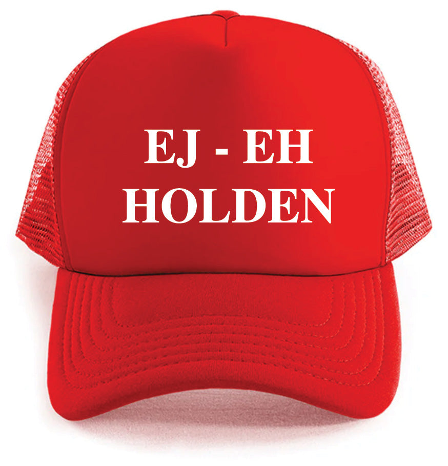 The Corsa Clothing Holden EJ-EH Hat is a red trucker cap with white mesh sides and bold white "EJ - EH HOLDEN" lettering on the front.
