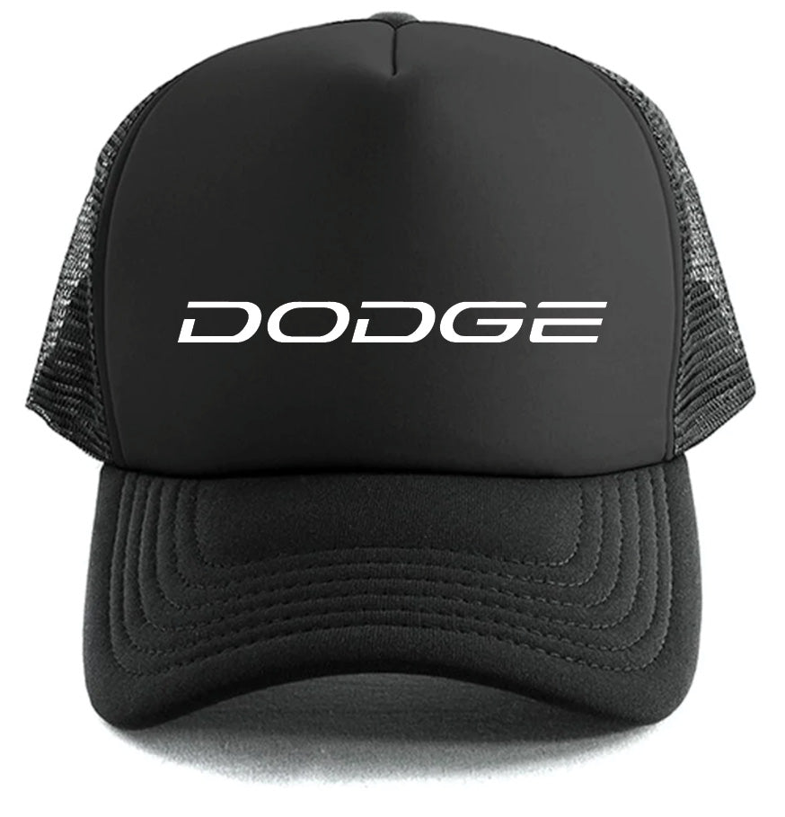 The Dodge Simple Logo Hat by Corsa Clothing is a black mesh trucker cap featuring the word DODGE in bold white letters on the front panel.