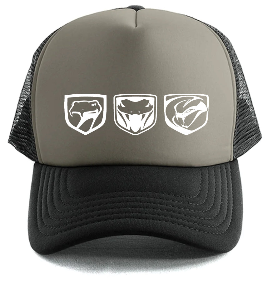 The Dodge Vipe 3X Logo trucker hat by Corsa Clothing features a gray and black design with three white shield-shaped snake logos on the front.