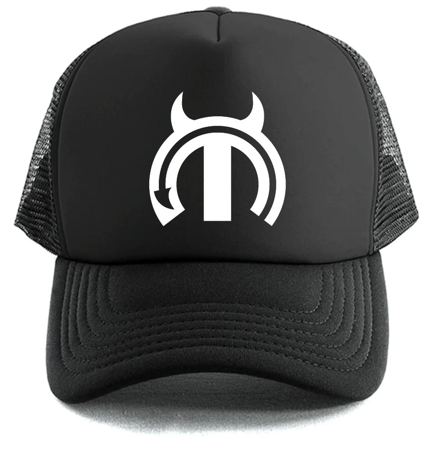 The Mopar Devil Hat by Corsa Clothing is a black mesh trucker hat with a white stylized logo featuring devil horns, a circular arrow tail, and an arch design on the front panel.