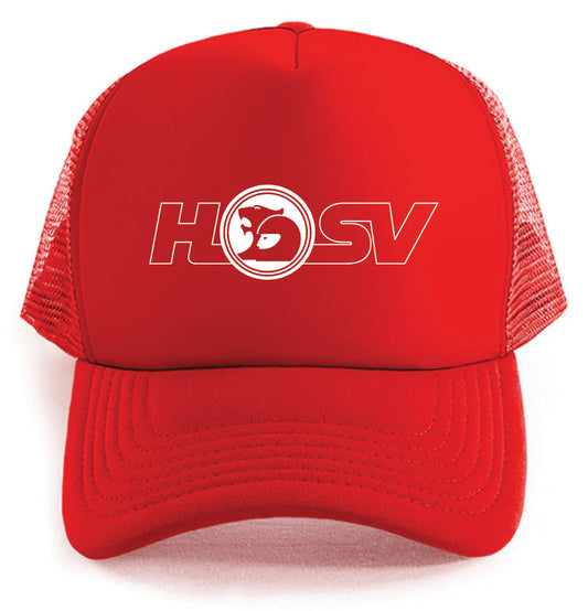 The HSV Hat by Corsa Clothing is a bright red trucker cap with mesh sides and a front panel featuring the white HSV logo with a stylized lion and globe.