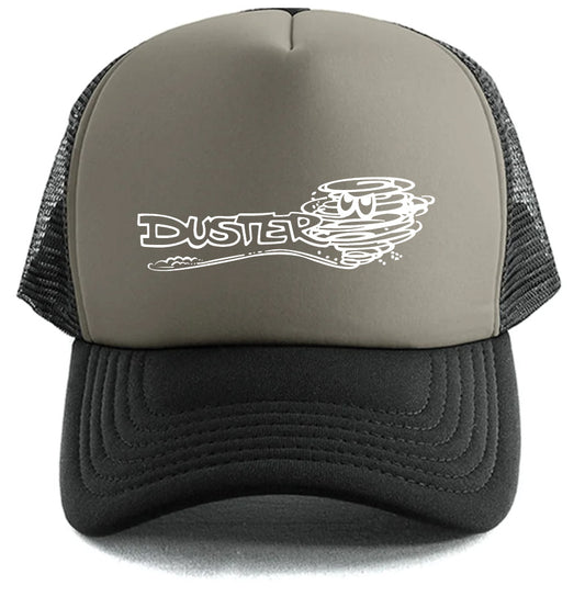 The Duster Hat by Corsa Clothing is a two-tone trucker cap with a gray front, black mesh back, and “DUSTER” in white graffiti-style text alongside a swirling dust cloud graphic.