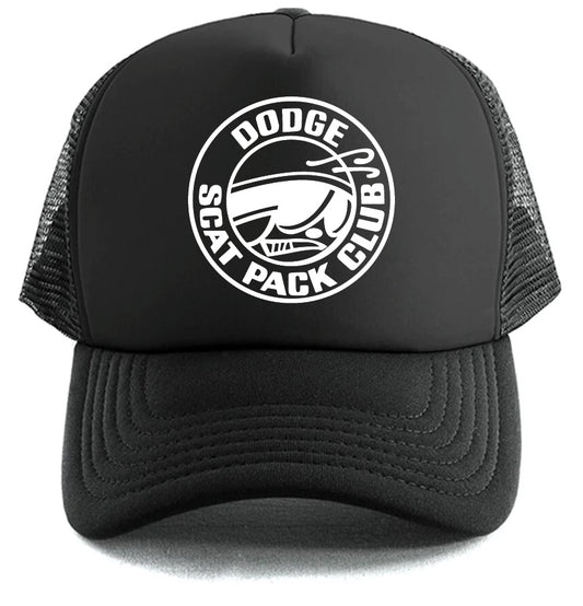 The Dodge Scat Pack Club Hat by Corsa Clothing is a black mesh trucker cap with a white circular front logo featuring a stylized bee with racing goggles and stripes, and the text "Dodge Scat Pack Club.