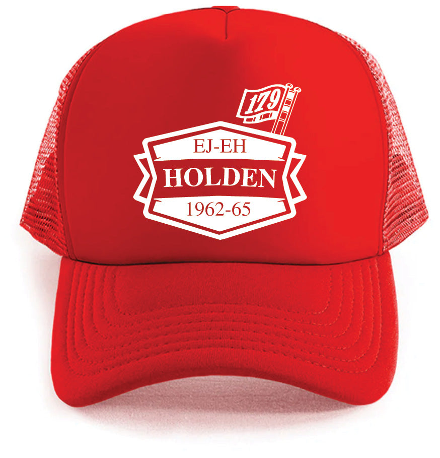 The Holden 1962 Hat by Corsa Clothing is a red trucker hat featuring a white EJ-EH HOLDEN 1962-65 logo and a flag image with "179" above the text.