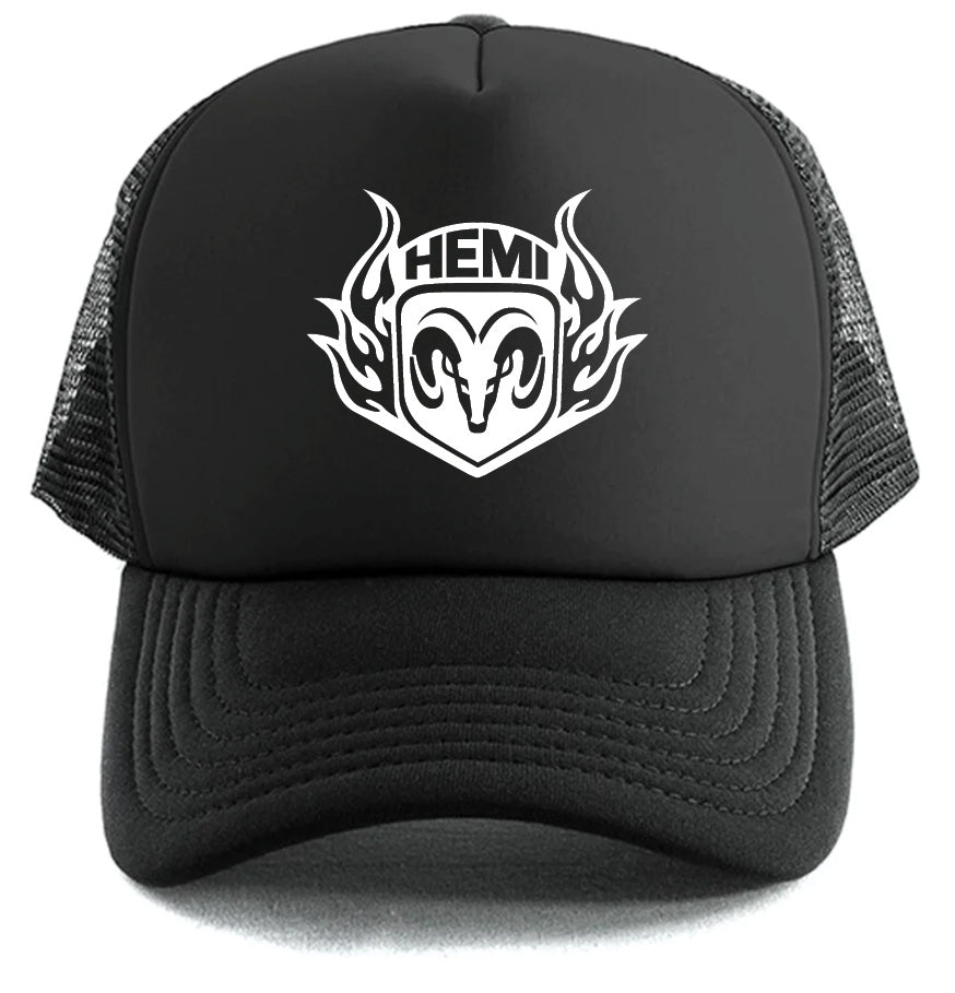 The Hemi Dodge Logo Hat by Corsa Clothing is a black mesh trucker hat featuring a white flaming ram's head and "HEMI" graphic on the front panel.