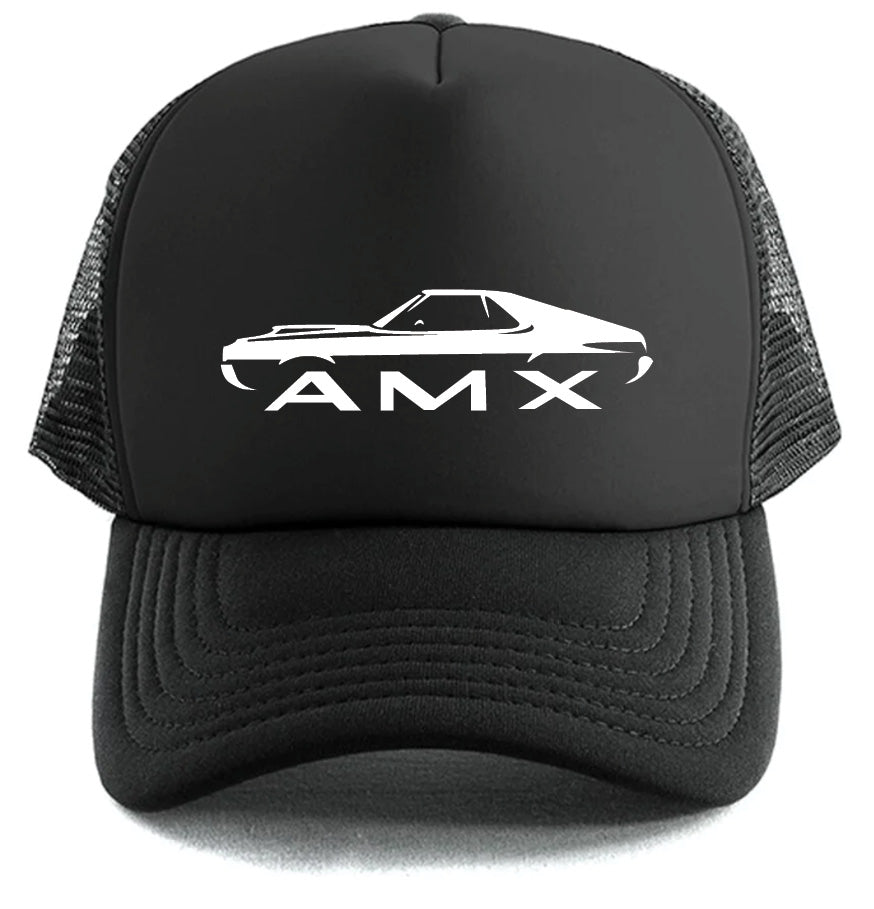 The AMX Hat by Corsa Clothing is a black mesh trucker cap with a white outline of a classic car and bold AMX letters on the front.