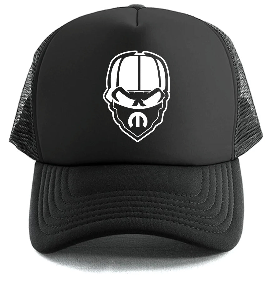 The Corsa Clothing Mopar Skul Mask Hat is a black trucker hat with a mesh back, featuring a white stylized masked face in a football helmet on the front panel.