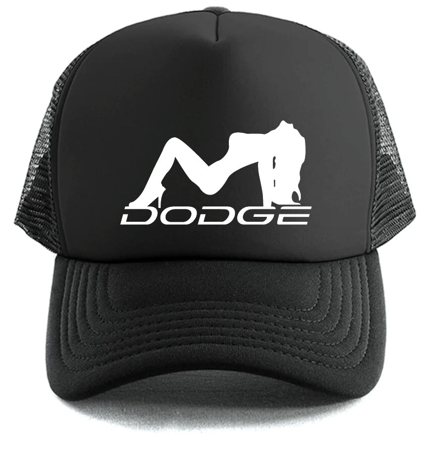 The Dodge Girl Logo Hat by Corsa Clothing is a black mesh trucker cap featuring "DODGE" in white and a reclining woman silhouette above the text on the front panel.