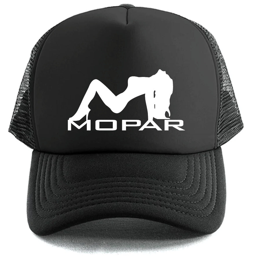 The Mopar Girl Hat by Corsa Clothing is a black mesh trucker hat featuring "MOPAR" in white letters and a reclining woman silhouette above the text.