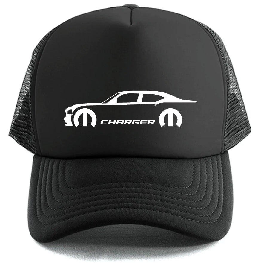 The Corsa Clothing Charger Car Hat is a black mesh trucker hat with a white car outline, "CHARGER" lettering, and two stylized M logos on the front panel.