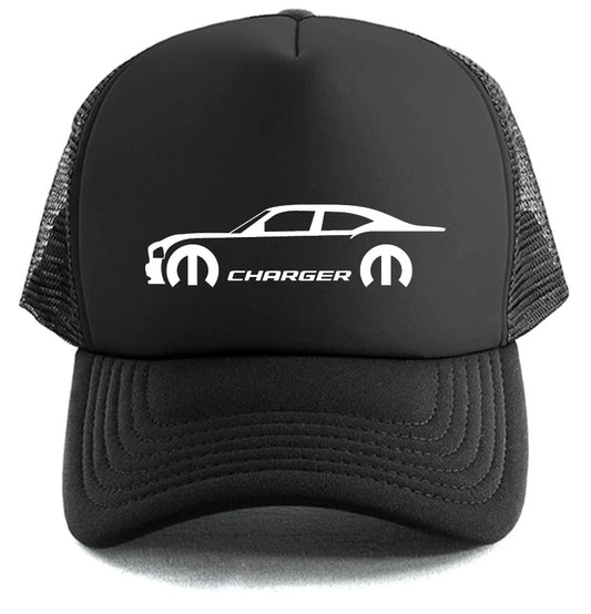 The Corsa Clothing Charger Car Hat is a black mesh trucker hat with a white car outline, "CHARGER" lettering, and two stylized M logos on the front panel.