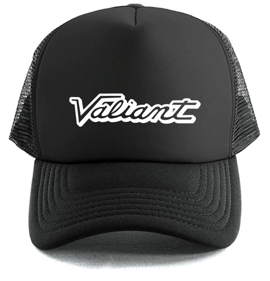 The Valiant Hat by Corsa Clothing is a black mesh trucker hat featuring "Valiant" in bold white script on the front panel.