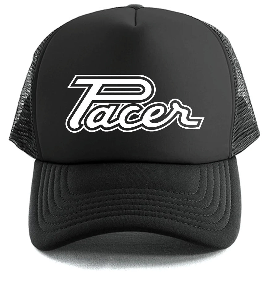 The Pacer Hat by Corsa Clothing is a black trucker cap with mesh sides and "Pacer" in bold white script on the front.