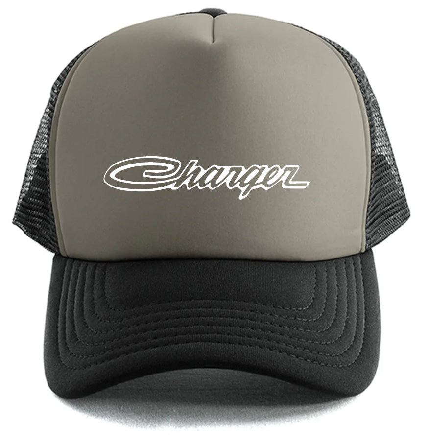 The Charger Hat by Corsa Clothing features a gray front panel, black mesh back, and "Charger" in white cursive on the front.