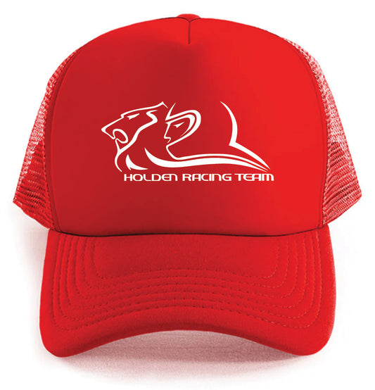 The Holden Racing Hat by Corsa Clothing is a red trucker hat with a white panther head outline and "Holden Racing Team" printed on the front.