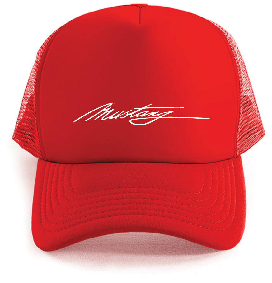 The Mustang tite Cap by Corsa Clothing is a vibrant red mesh trucker hat featuring "Mustang" in white cursive script on the front panel.