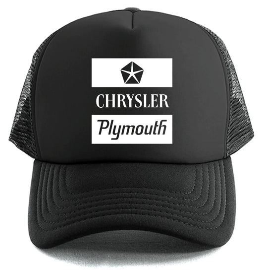 The Mopar Chrysler Plymouth Hat by Corsa Clothing is a black trucker hat with mesh back, featuring white Chrysler and Plymouth logos plus the Chrysler pentastar emblem on the front.