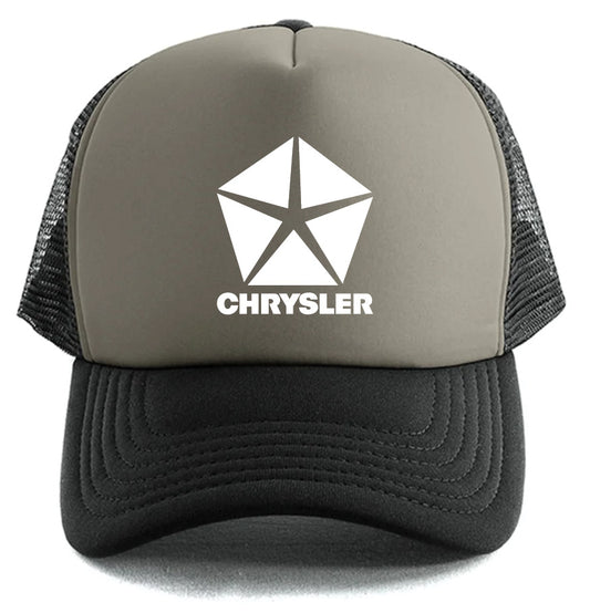 The Mopar Chrysler Hat by Corsa Clothing is a trucker cap with a gray front, black mesh sides and bill, and a white Chrysler pentastar logo plus bold CHRYSLER lettering on the front.