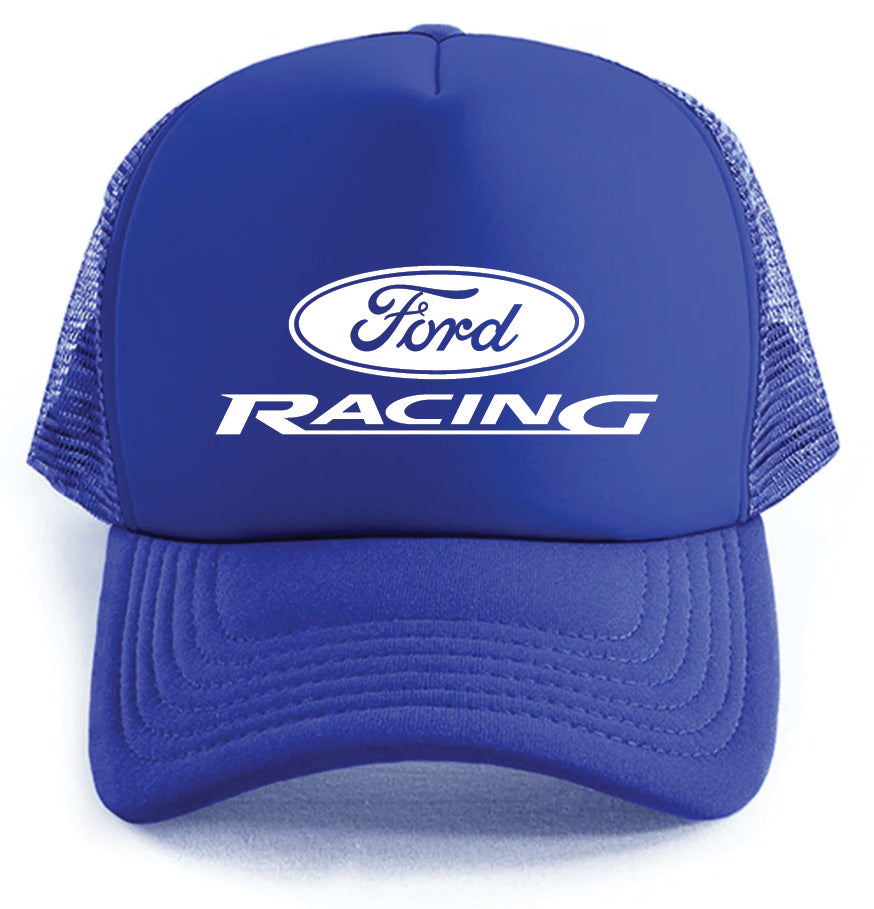 The Ford Racing Logo Hat by Corsa Clothing is a blue mesh trucker cap featuring the Ford logo and "RACING" in white on the front.
