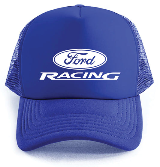 The Ford Racing Logo Hat by Corsa Clothing is a blue mesh trucker cap featuring the Ford logo and "RACING" in white on the front.