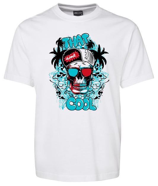 The That Cool Shirt by Corsa Clothing is a white tee with a vibrant skull graphic wearing red sunglasses and a cap, blue "THAT COOL" text, plus palm trees and ocean waves.