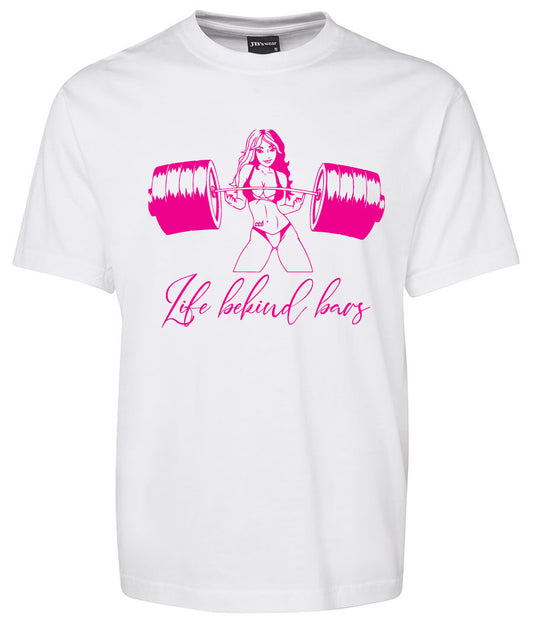The Corsa Clothing Life Behind Bars Girl Lifting shirt features a white tee with a pink graphic of a strong woman lifting a barbell and "Life behind bars" in cursive underneath.